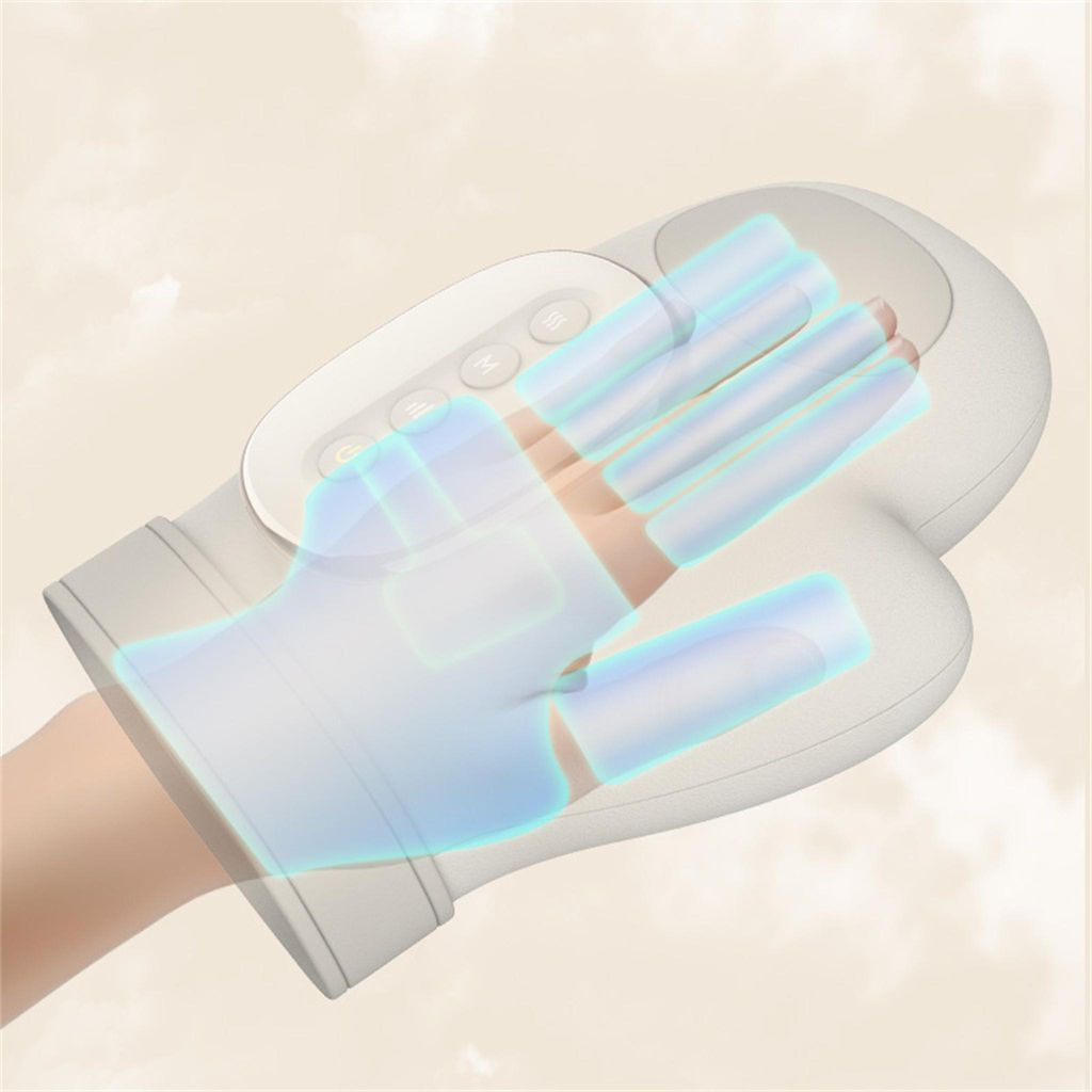 Eine Hand trägt einen weißen Handschuh mit blauen Heizelementen und Bedienelementen.
