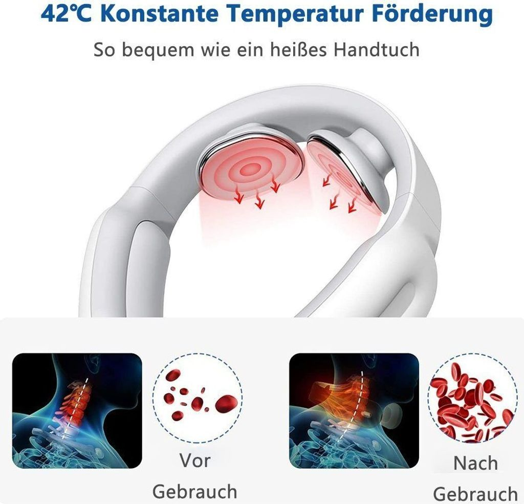 Ein Nackenmassagegerät mit Wärme, Vergleich vor und nach der Anwendung.