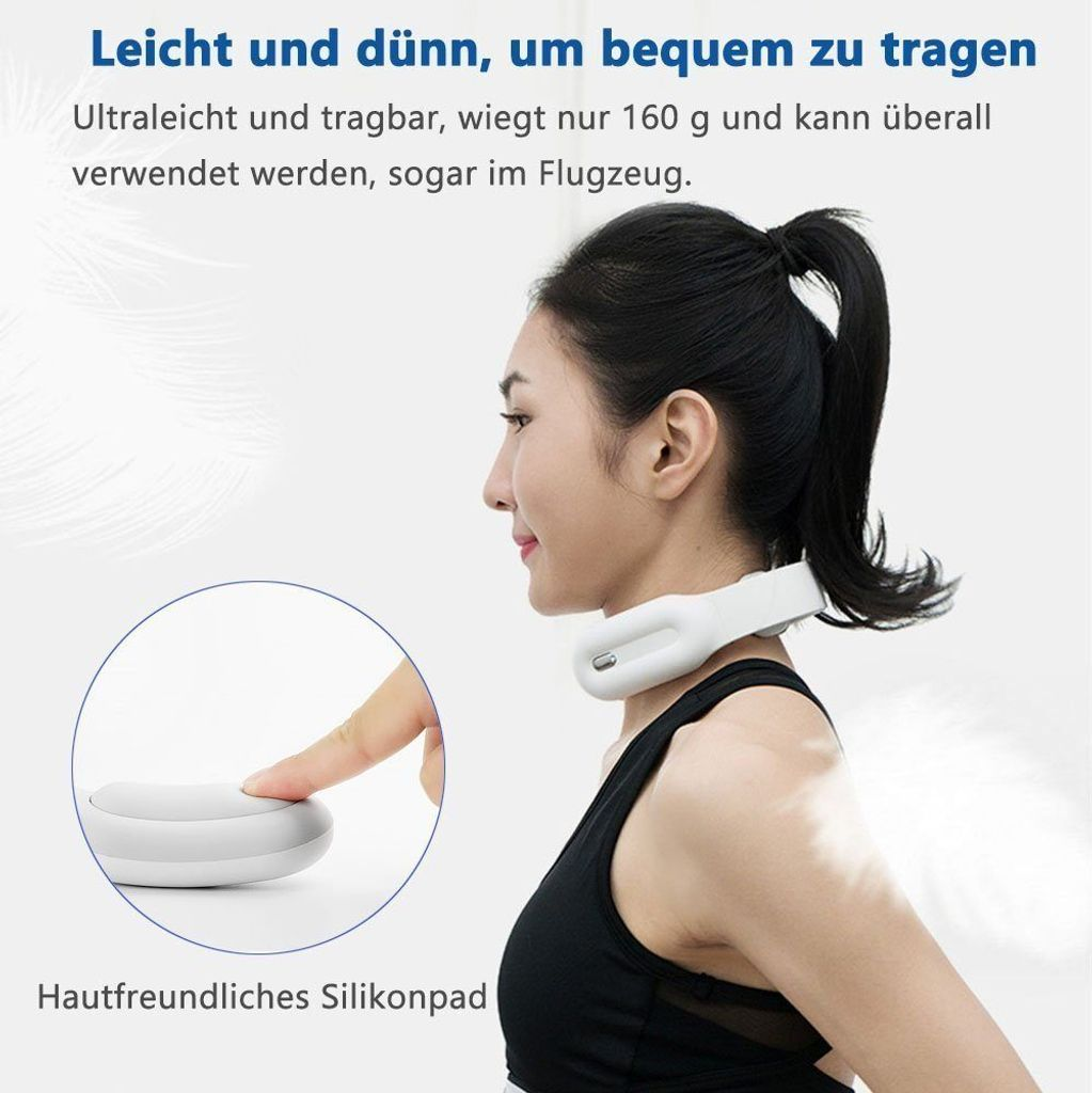 Frau mit weißem Nackenmassagegerät, Finger berührt Silikonpad.