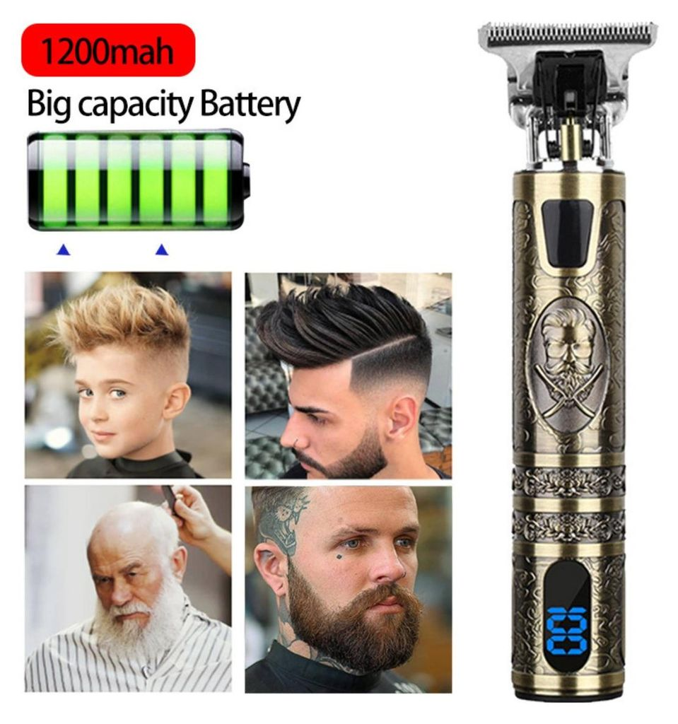Haarschneider mit Batterieanzeige und Frisuren von Kindern und Männern.