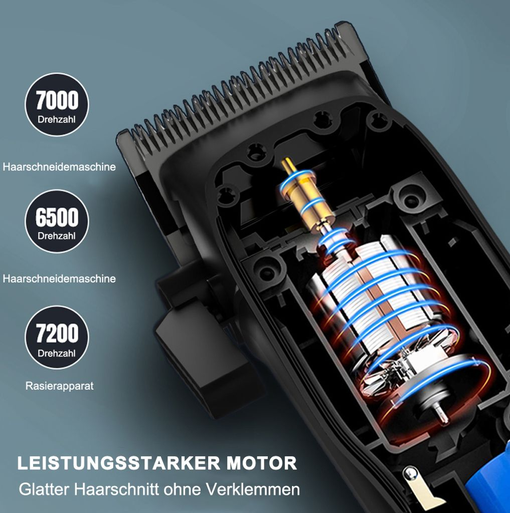 Detailansicht eines Haarschneideapparats mit sichtbarem Motor und Geschwindigkeitsangaben.