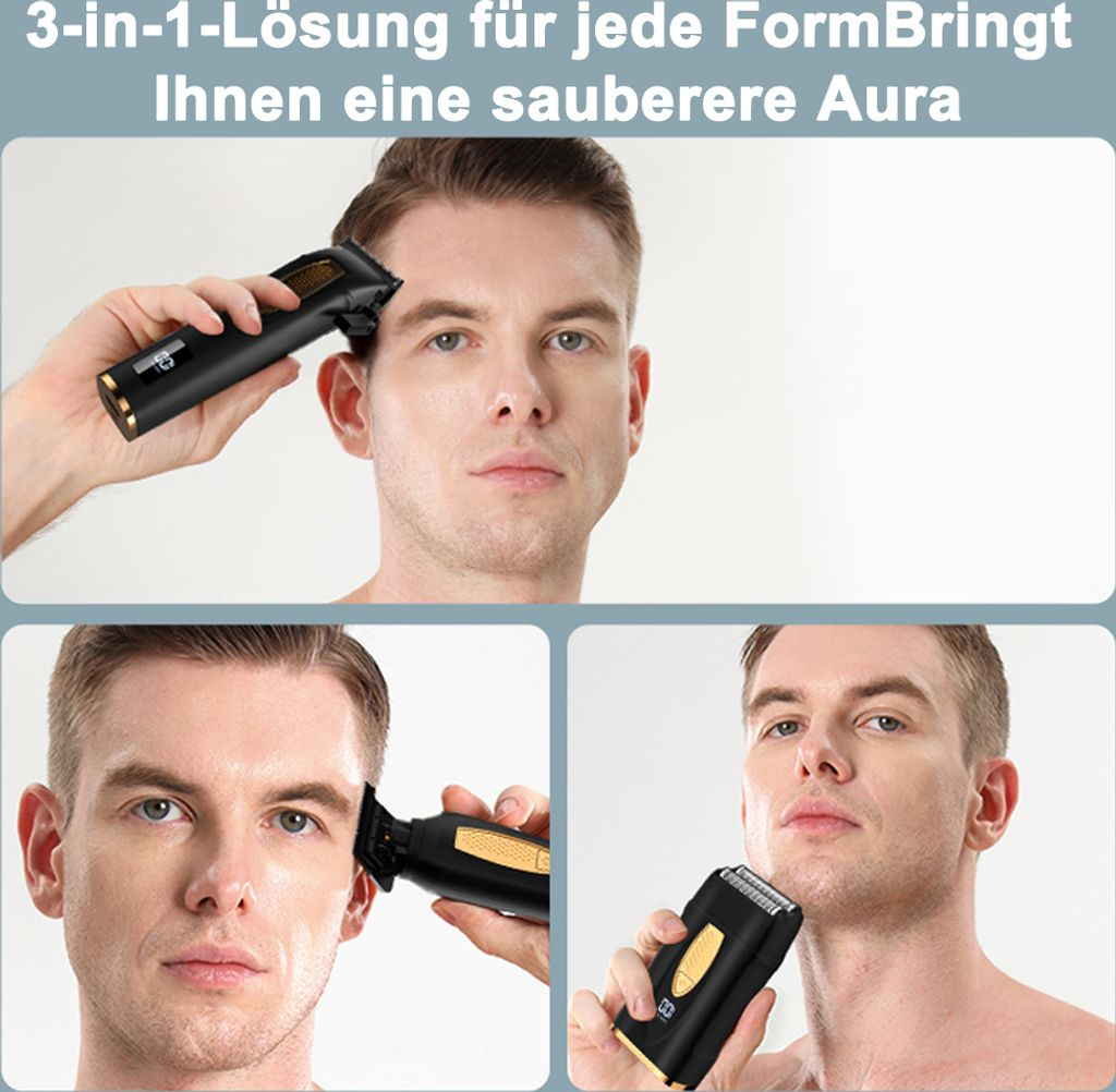 Drei Männer nutzen einen schwarzen und goldenen Trimmer für die Gesichts- und Kopfhaarpflege.