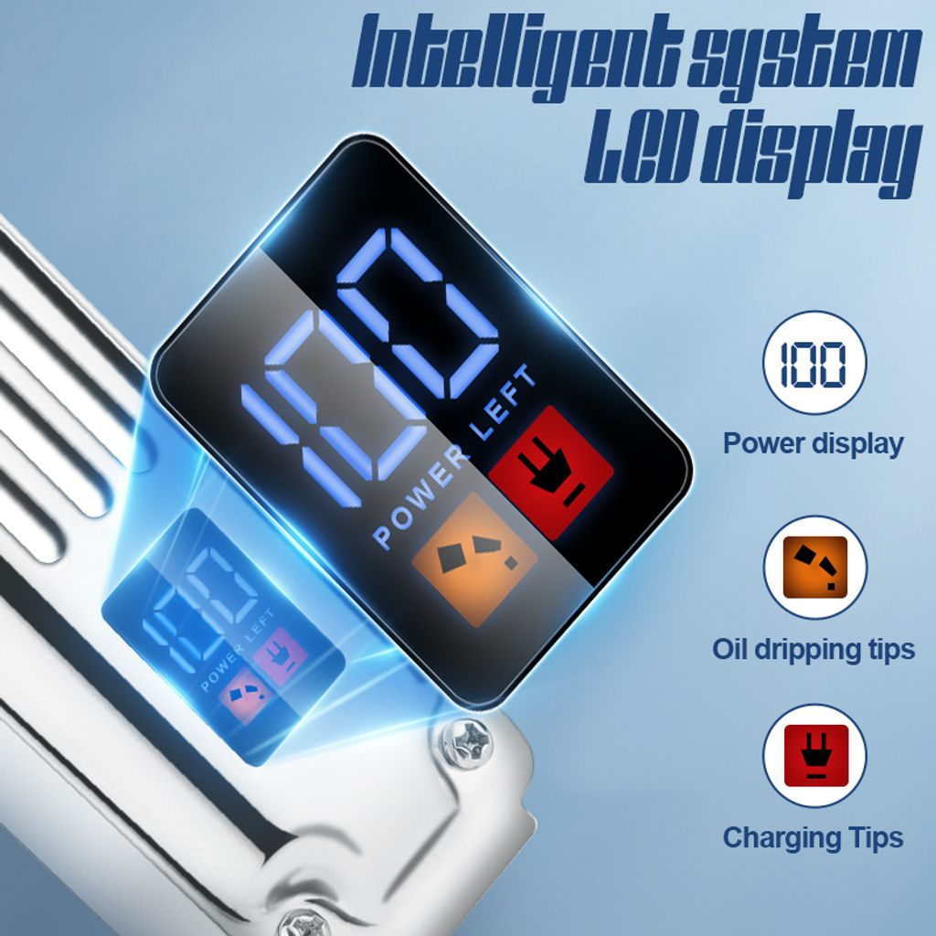 Nahaufnahme eines Geräts mit blauem LED-Display, das 100 % Restleistung anzeigt.