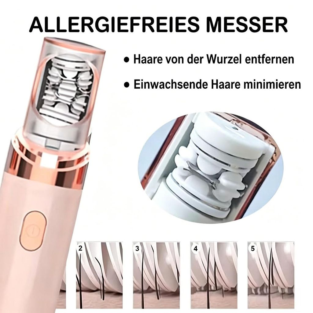 Ein rosa Haarentferner mit Nahaufnahme des Scherkopfes und illustrierten Schritten.