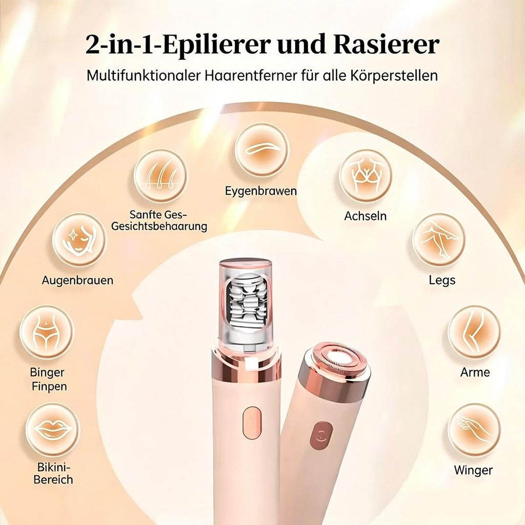 2-in-1 Epilierer und Rasierer mit Zubehör für verschiedene Körperbereiche.