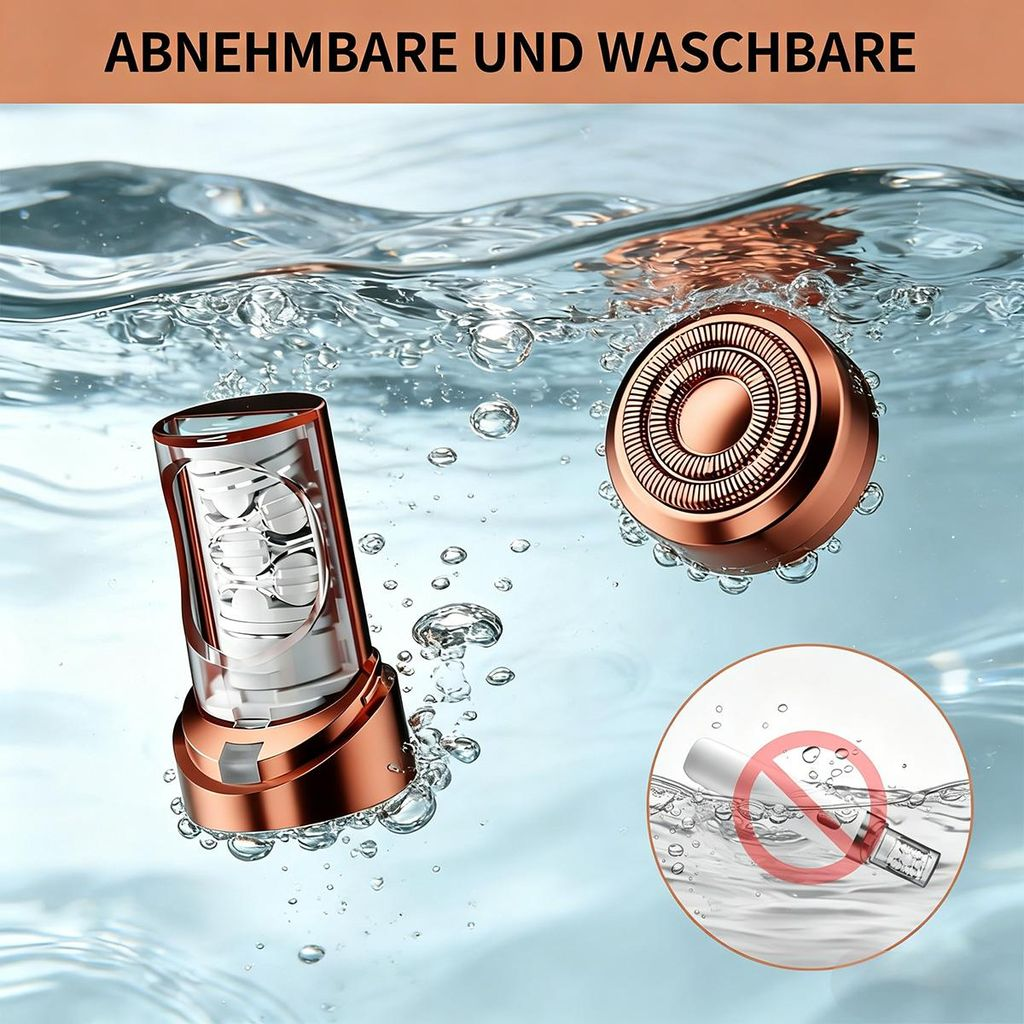 Abnehmbarer Rasierkopf und Gehäuse mit Wasser und Blasen.