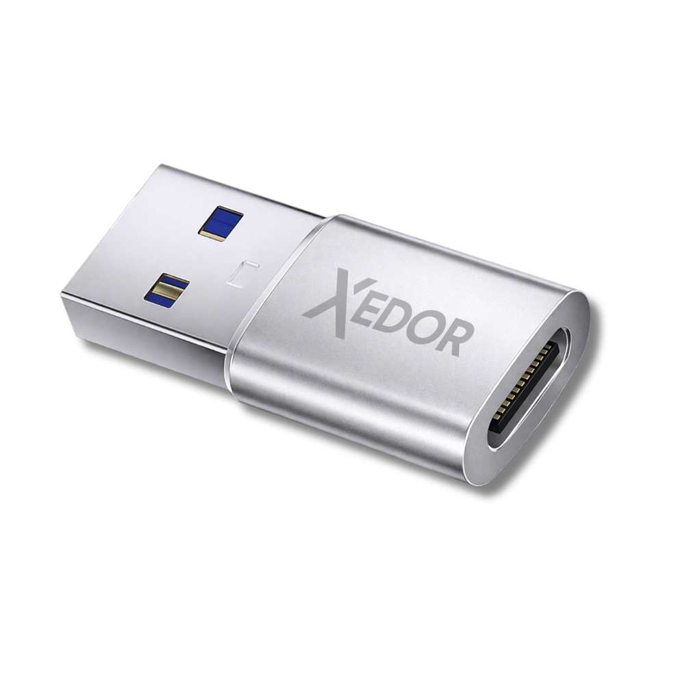 A silver USB-C adapter with a USB-A connector and XEDOR logo.