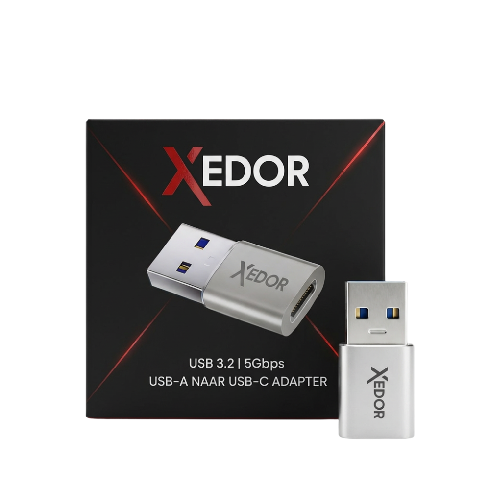 A silver Xedor USB-A to USB-C adapter sits on its packaging.
