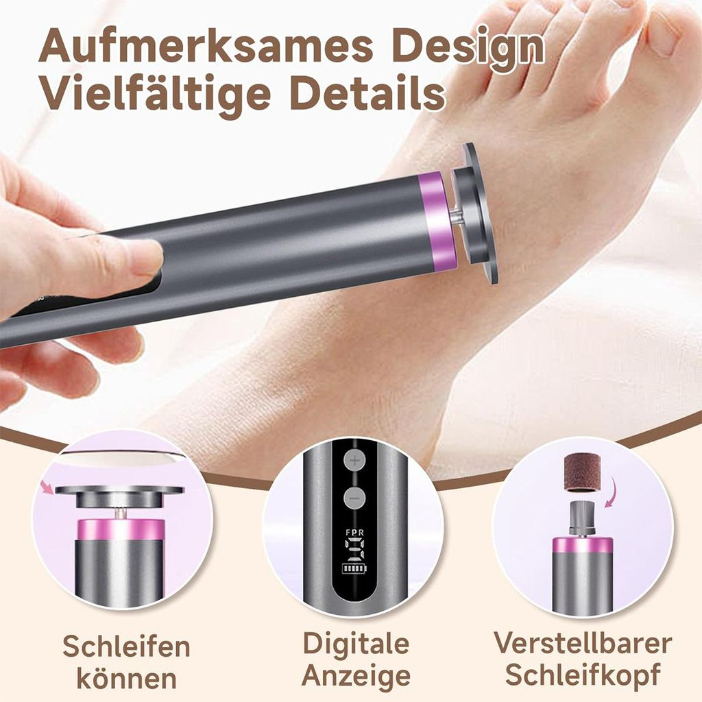 Ein elektrischer Hornhautentferner wird an einem Fuß verwendet. Details zeigen Schleifaufsatz, digitale Anzeige & verstellbaren Kopf.