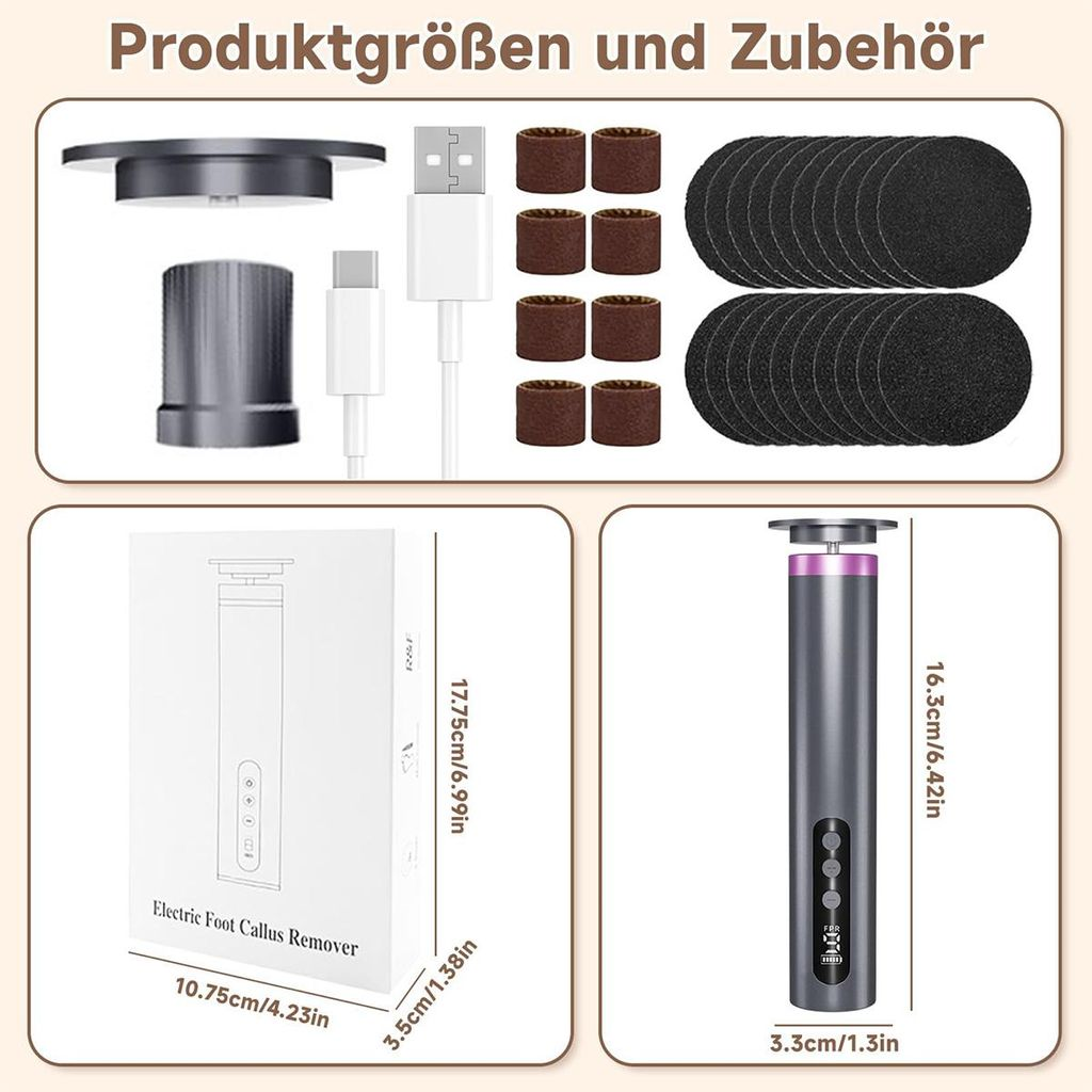 Größen und Zubehör für elektrischen Hornhautentferner: Gerät, Kabel, Aufsätze, Schleifpapier.