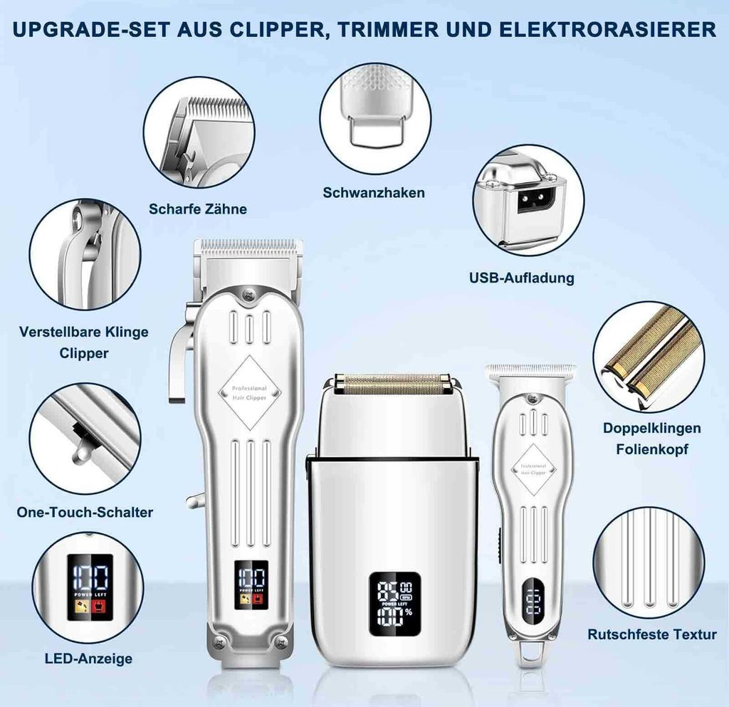 Upgrade-Set mit Haarschneider, Trimmer, Elektrorasierer, Zubehör und Ladefunktion.