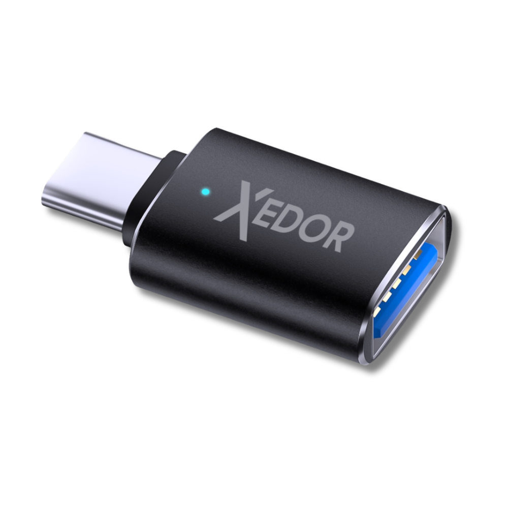 A black USB-C adapter with a blue USB-A port and XEDOR logo.