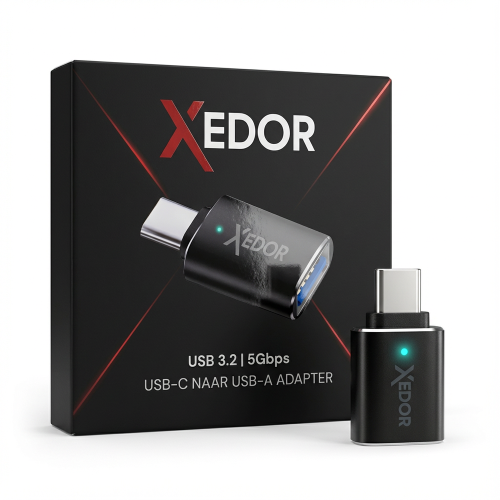 Xedor USB-C to USB-A adapter, 5Gbps, with Xedor logo and blue USB port.
