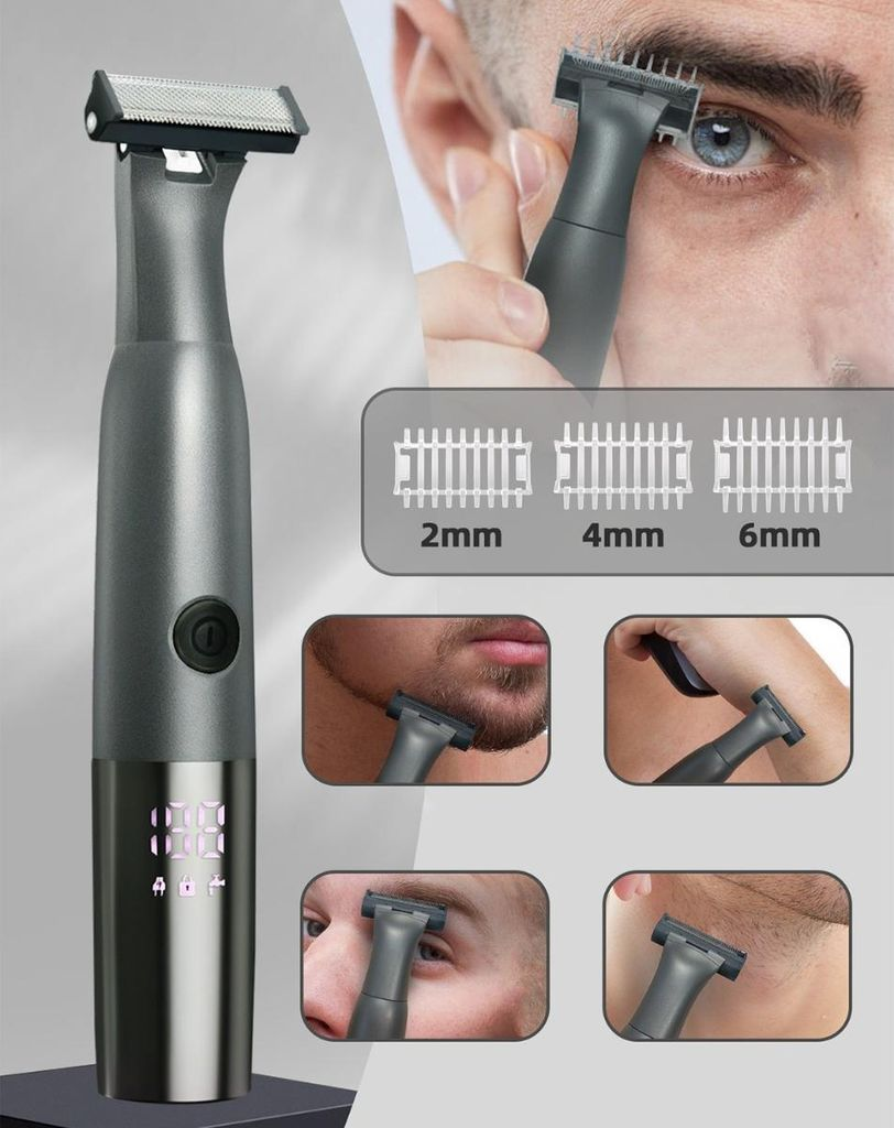 Ein dunkler Trimmer mit digitaler Anzeige und Aufsätzen für 2mm, 4mm und 6mm.