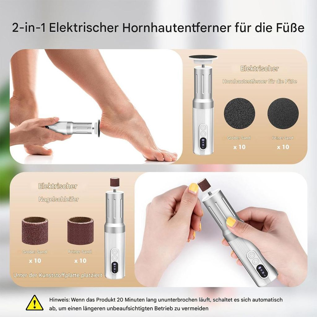 Ein elektrisches Fußpflegegerät mit Aufsätzen für Hornhautentfernung und Nagelpflege.