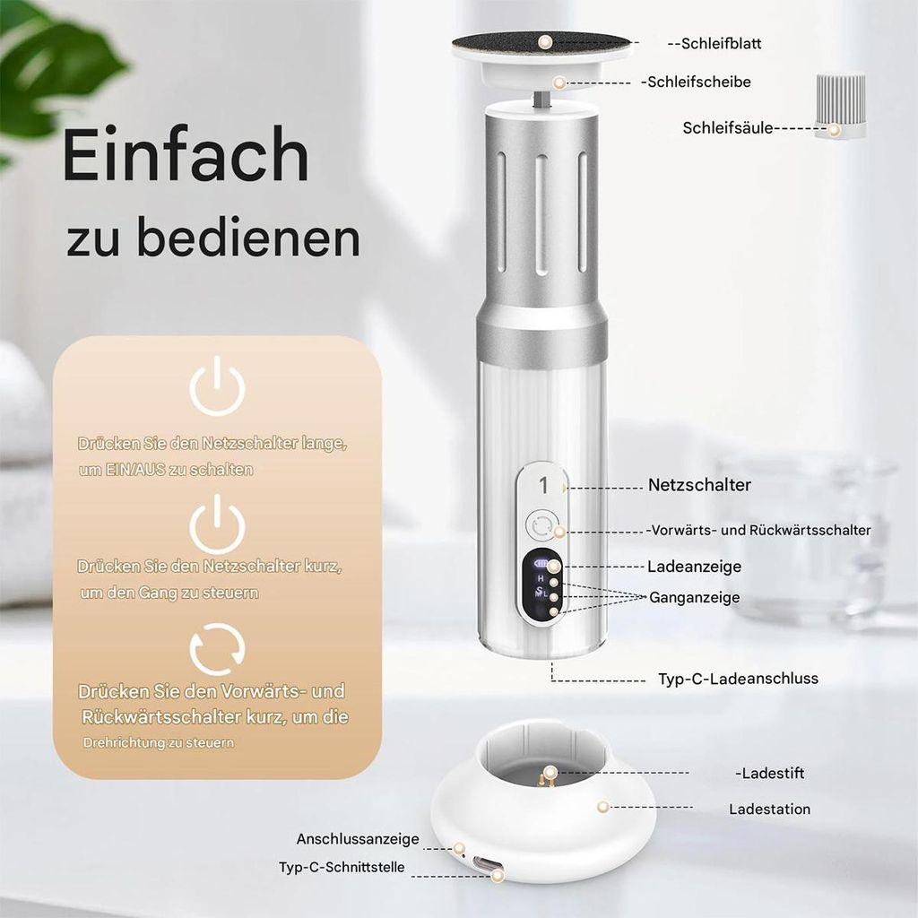 Ein silbernes elektrisches Nagelstudio-Gerät mit Zubehör und Bedienungsanleitung.