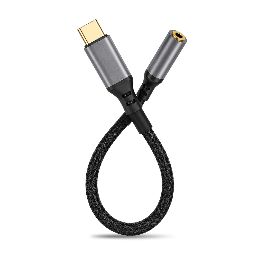 USB-C to 3.5mm headphone jack adapter with gold-plated connectors and braided cable.