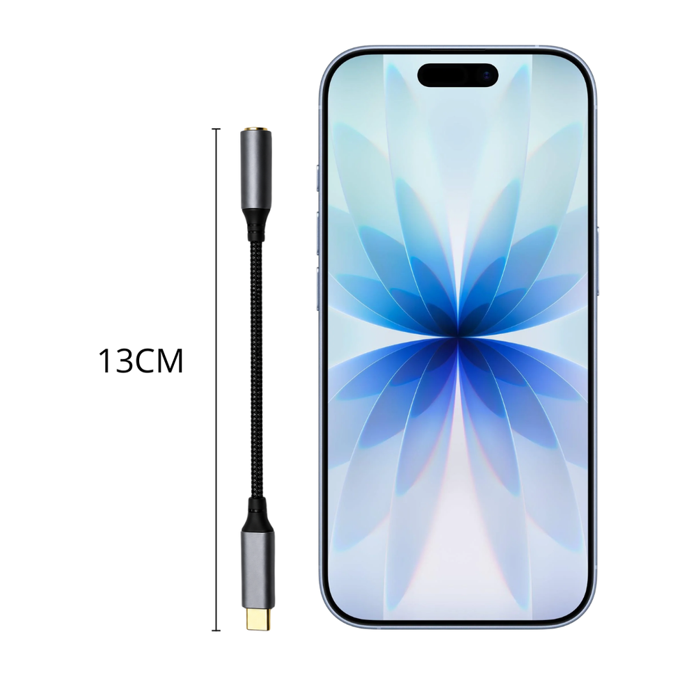 A 13cm USB-C to 3.5mm headphone adapter next to a smartphone.