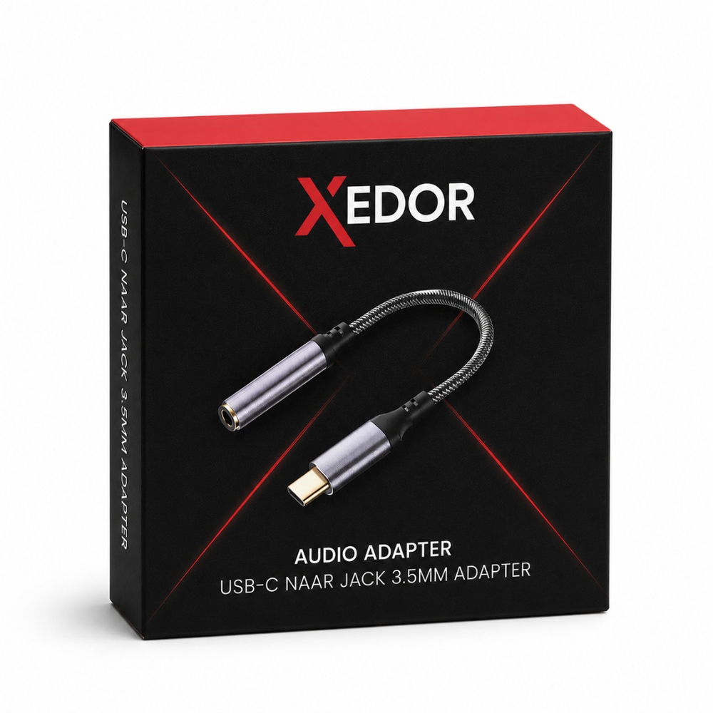 Black box with red X design shows a USB-C to 3.5mm audio adapter.