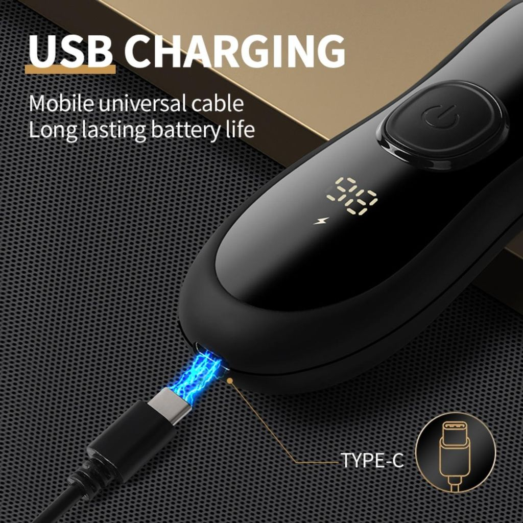 Ein schwarzes Gerät wird über ein USB-C-Kabel aufgeladen. Der Bildschirm zeigt 98% an.