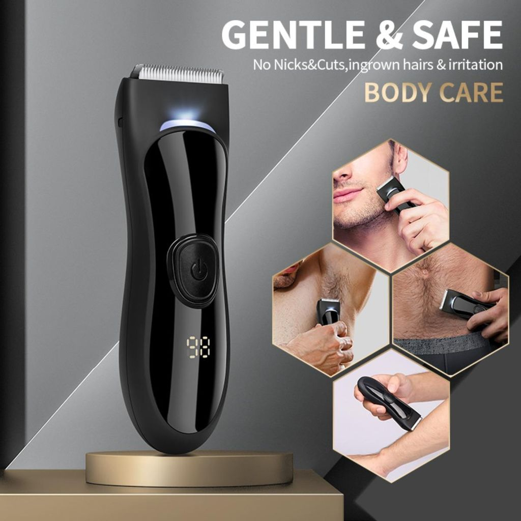 Schwarzer Bodygroomer mit LED-Anzeige, der auf einem goldenen Podest steht. Mehrere Bilder zeigen die Anwendung.
