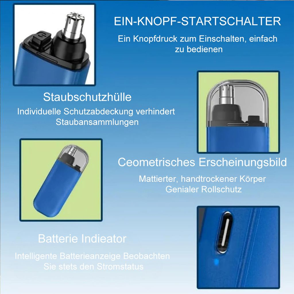 Ein blauer elektrischer Nasenhaartrimmer mit Zubehör und Anzeige.