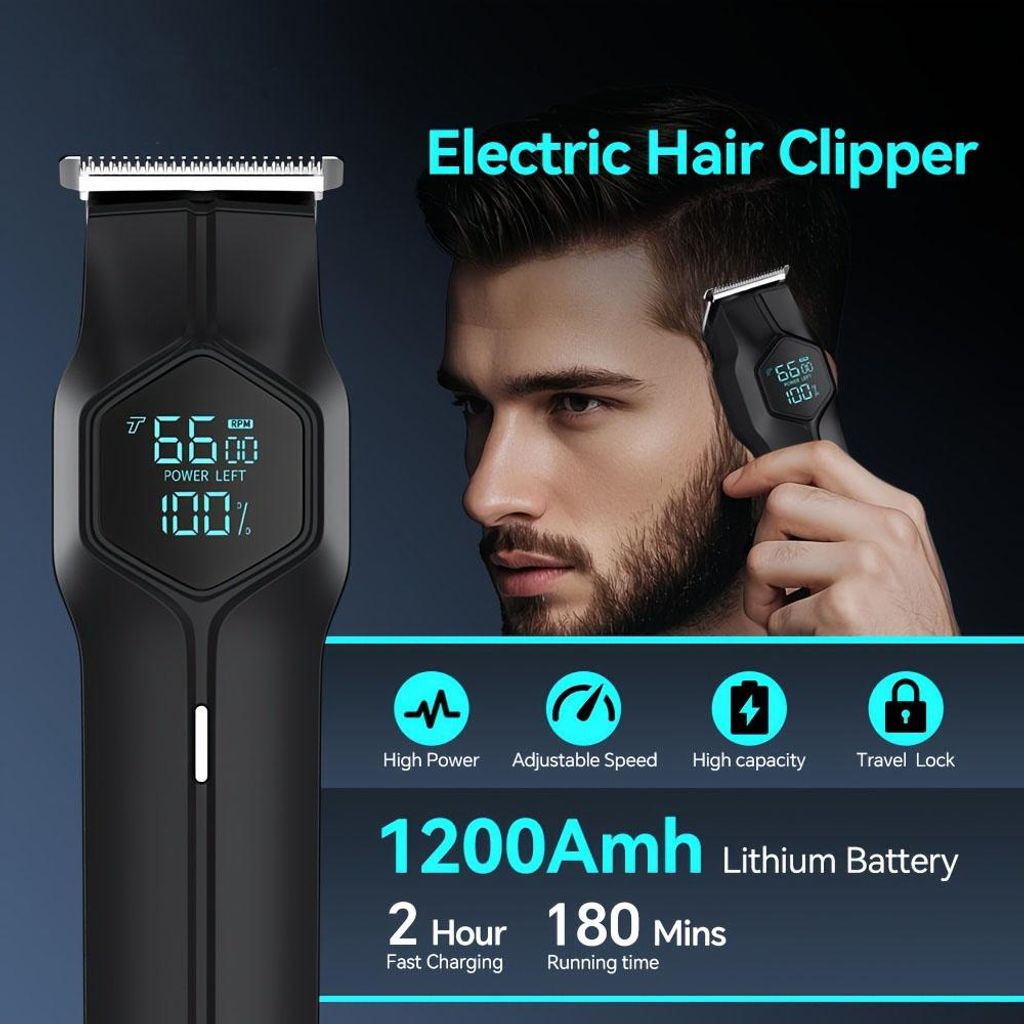 Ein schwarzer elektrischer Haarschneider mit digitaler Anzeige wird von einem Mann benutzt.