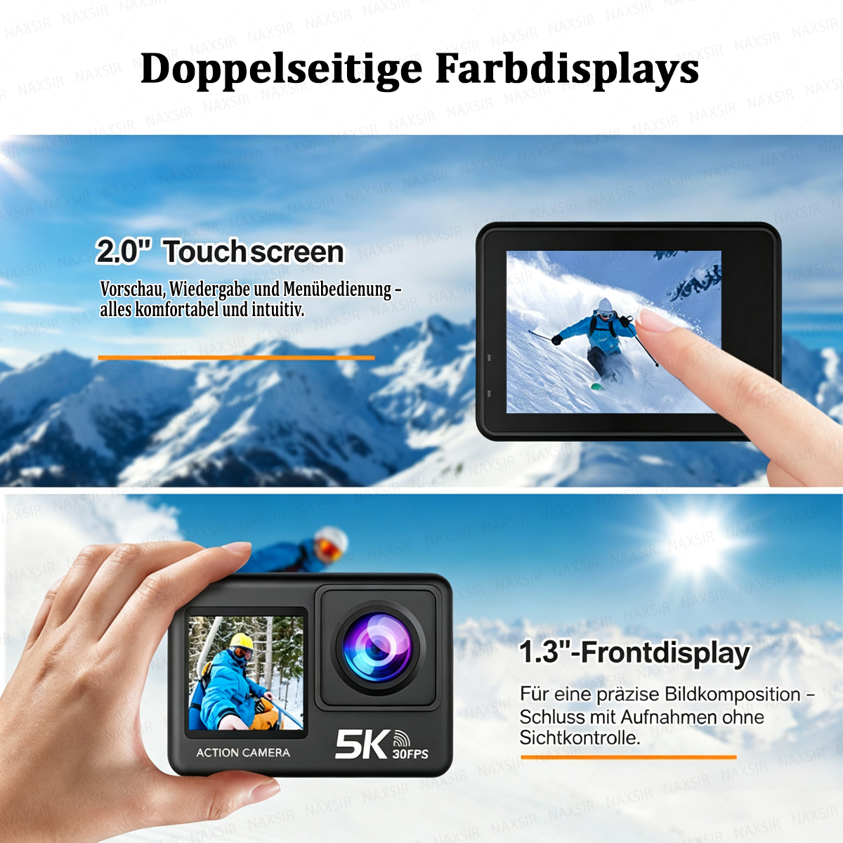 Action-Kamera mit zwei Displays: 2.0" Touchscreen und 1.3" Frontdisplay.