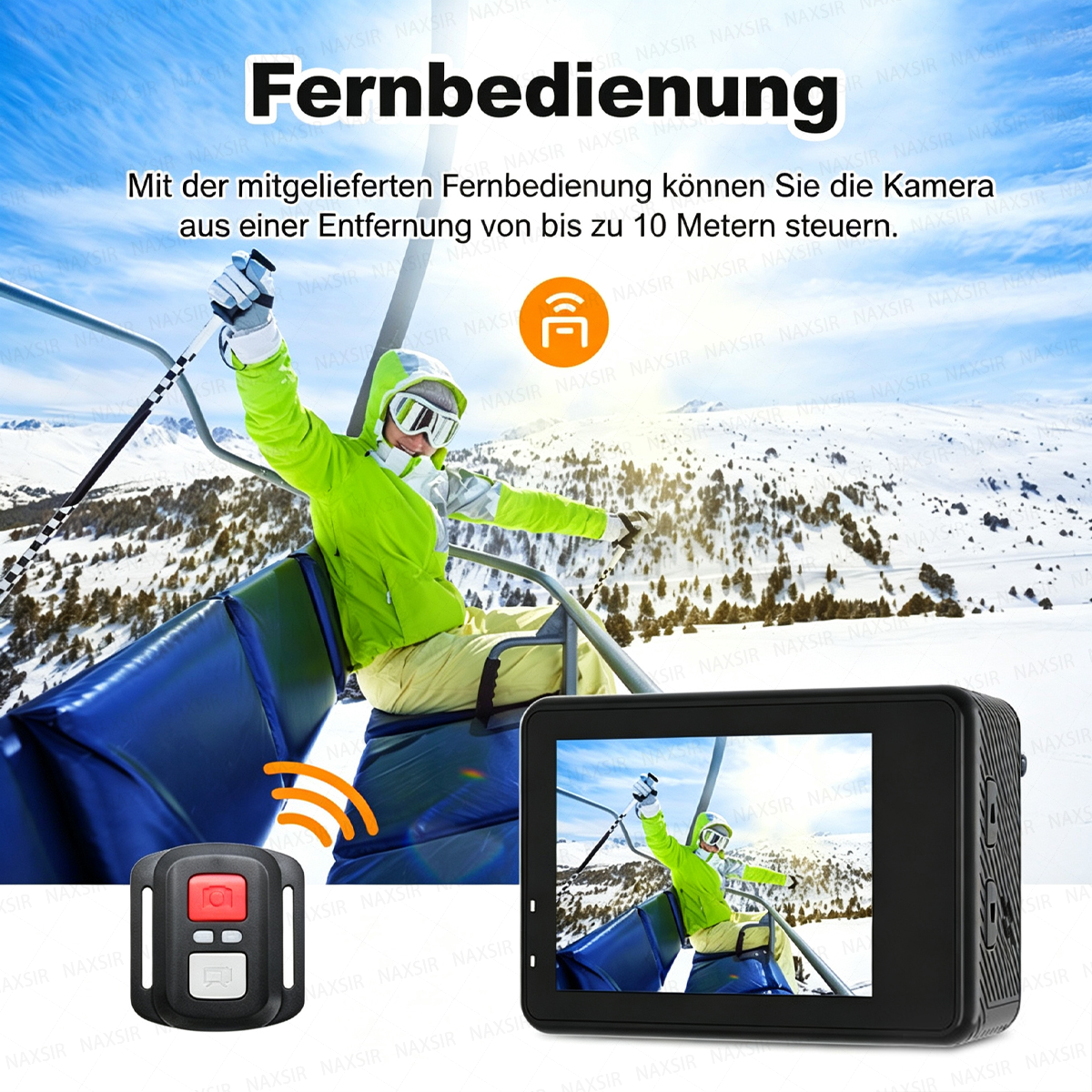 Eine Person in Skikleidung auf einem Skilift mit Fernbedienung und Kamera.