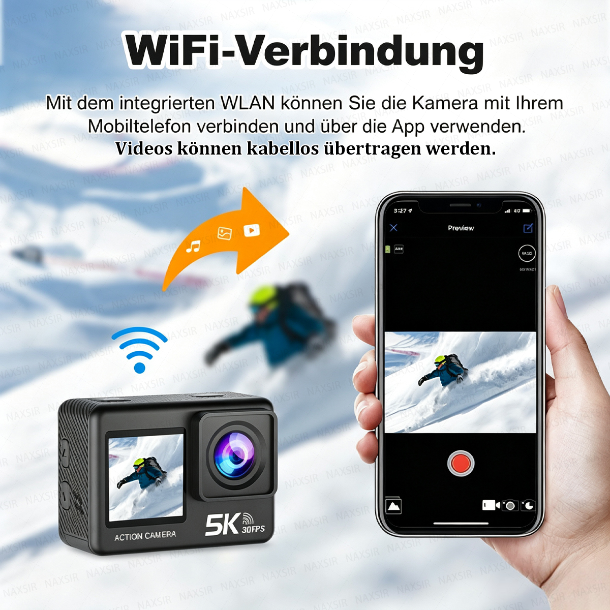 Action-Kamera und Smartphone zeigen Skifahrer. WiFi-Verbindung wird angezeigt.