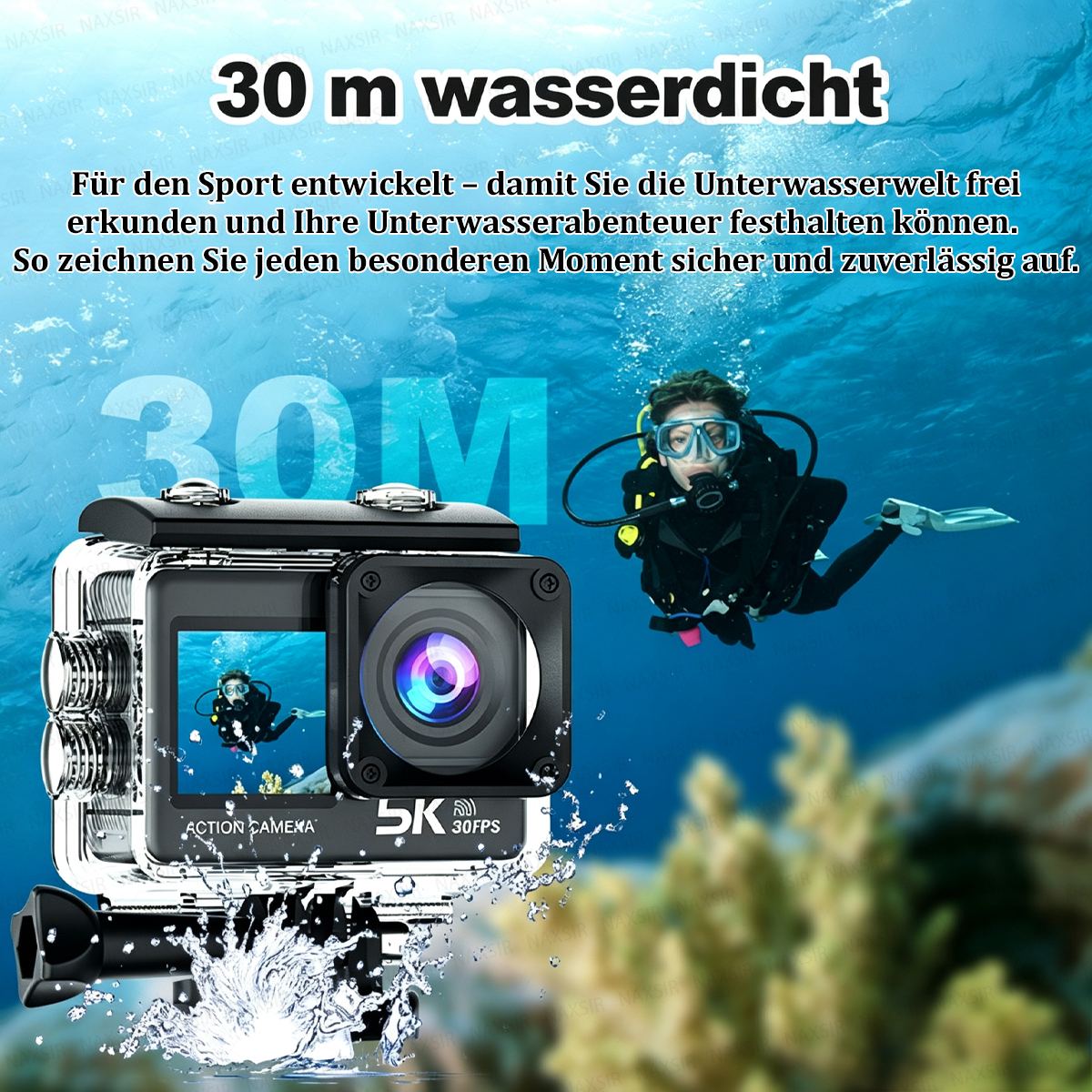 Ein Taucher schwimmt unter Wasser neben einer Action-Kamera.
