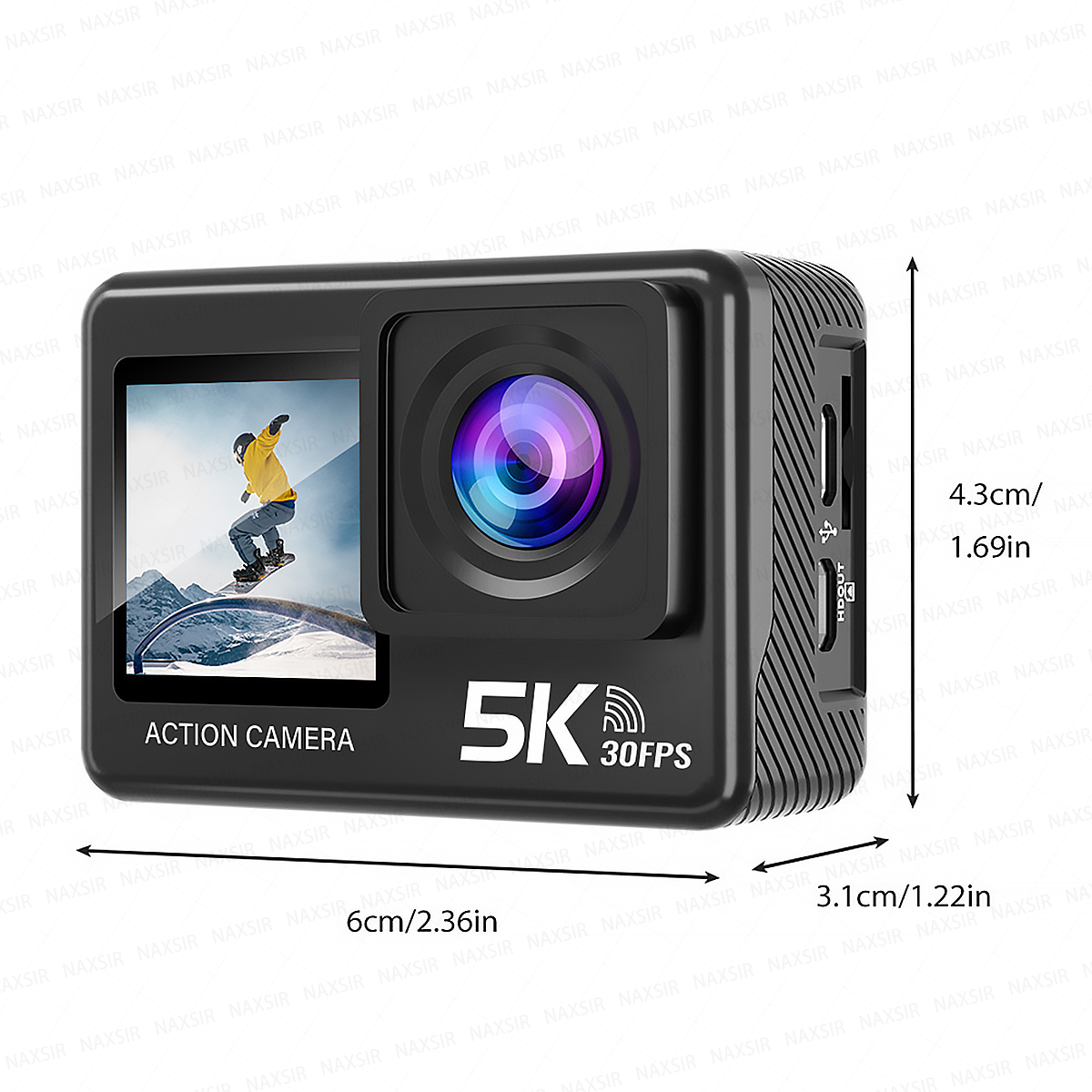 Schwarze Action-Kamera mit 5K 30FPS, Bildschirm zeigt Snowboarder. Maße beschriftet.