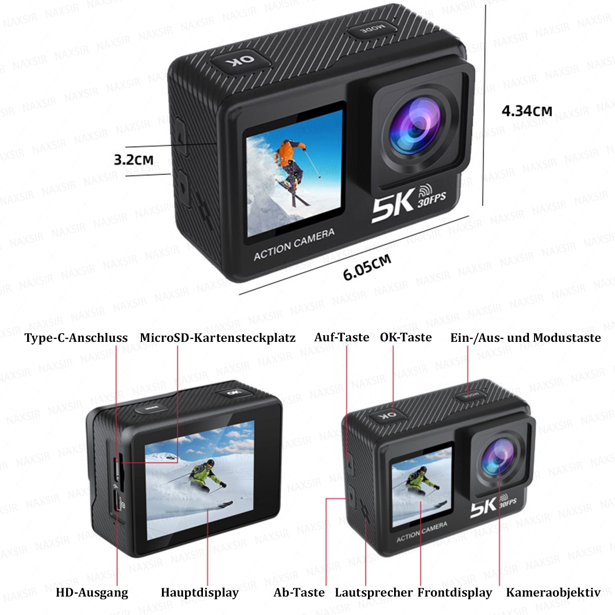 Actionkamera mit Display, das einen Skifahrer zeigt. Maße sind angegeben.