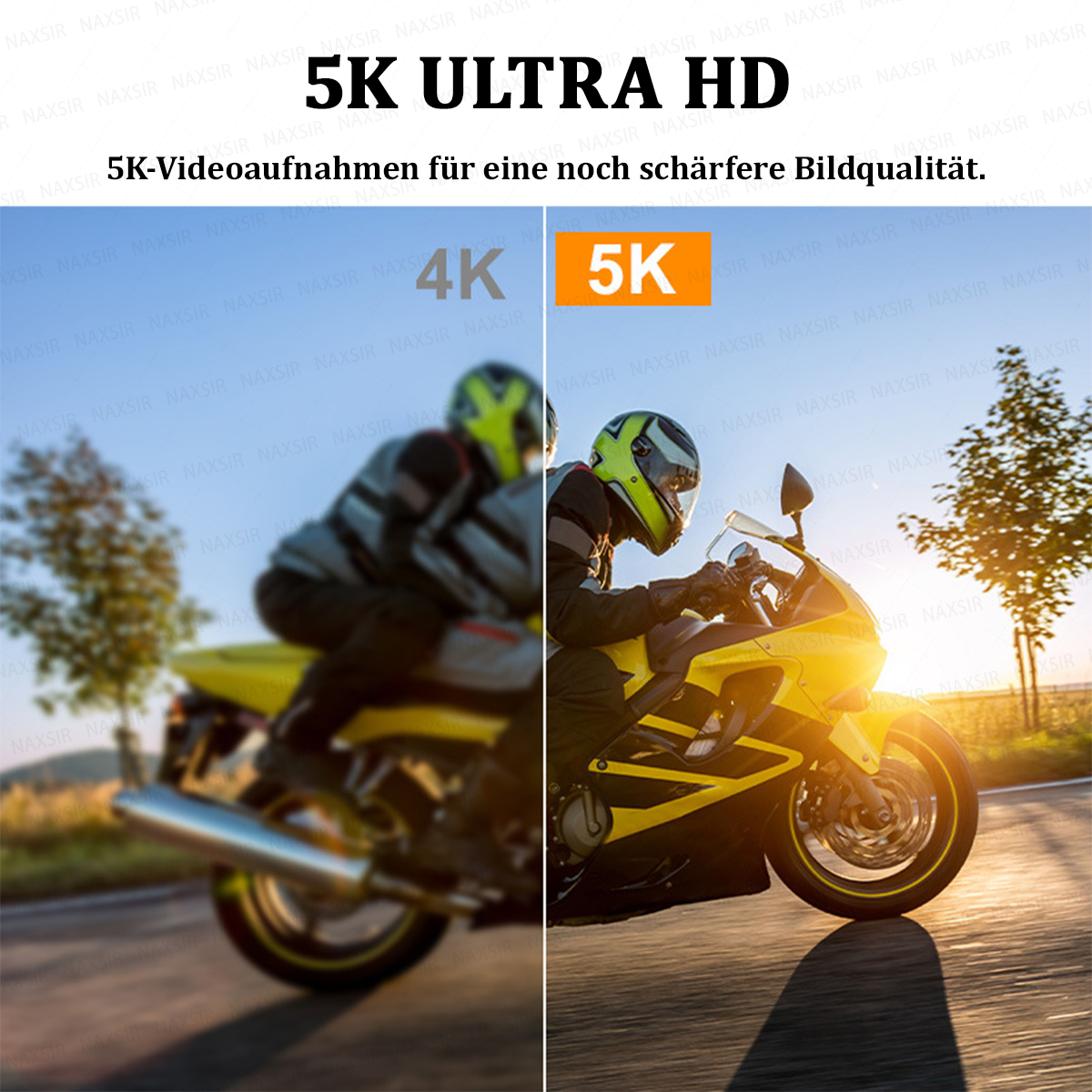 Zwei Motorräder, eins 4K unscharf, eins 5K scharf, auf einer Straße.