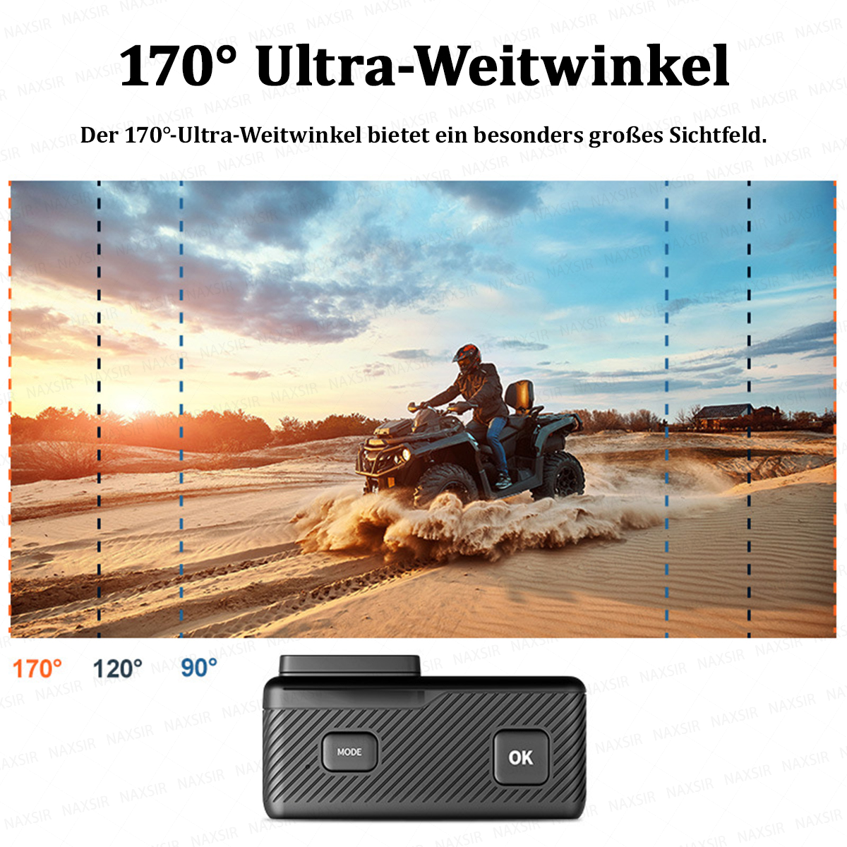 Ein Quad fährt durch Sand, ein Mann trägt einen Helm. Oben links: 170° Ultra-Weitwinkel.
