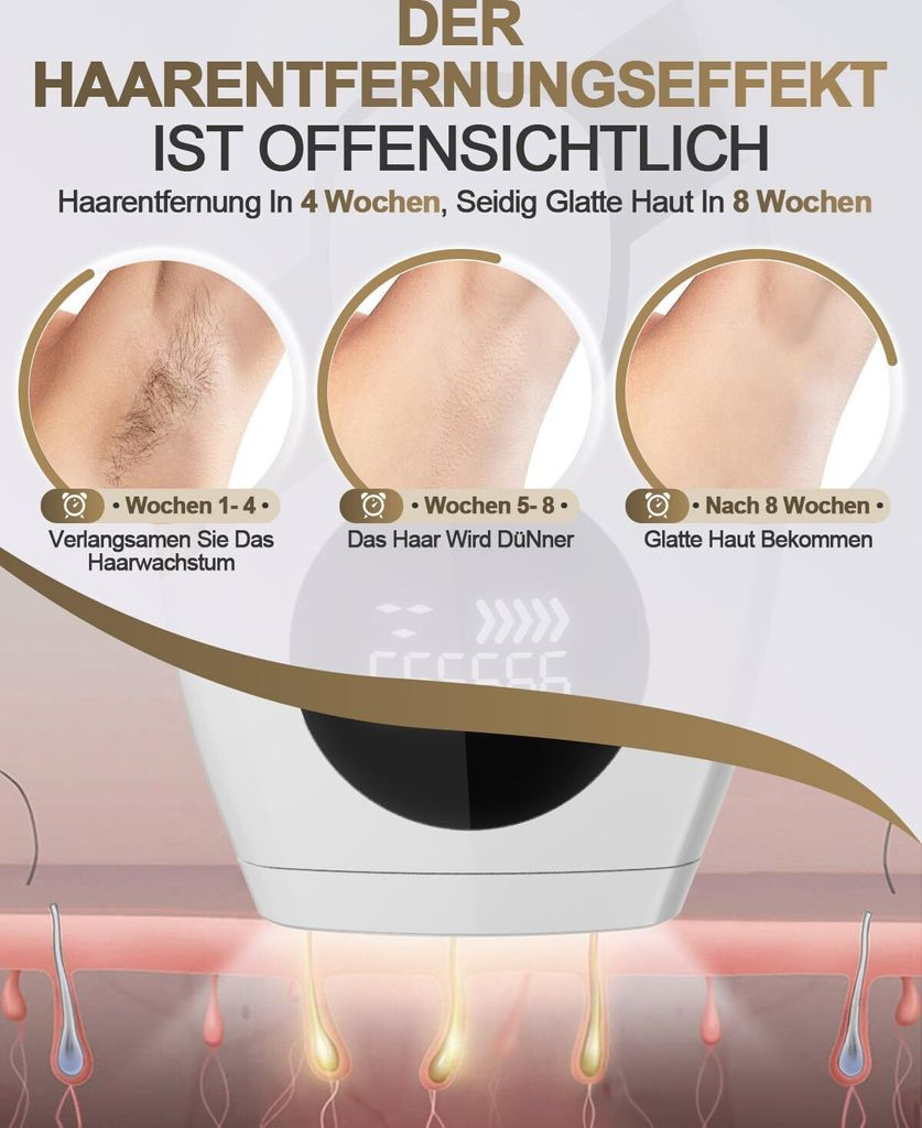 Vorher-Nachher-Bild: Haarwachstum wird verlangsamt, dann dünner, dann glatte Haut.