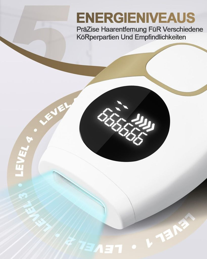 Ein weißes IPL-Gerät mit goldenen Akzenten zeigt 666666 auf dem Bildschirm.