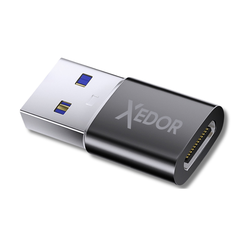 A dark USB-C adapter with a silver USB 3.0 connector and Xedor logo.