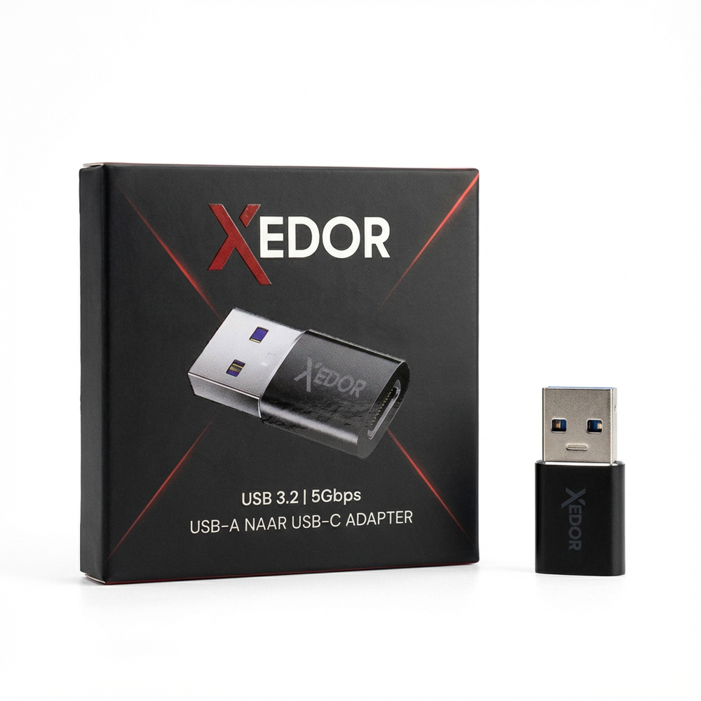 Xedor USB-A to USB-C adapter next to its box. Silver/black.