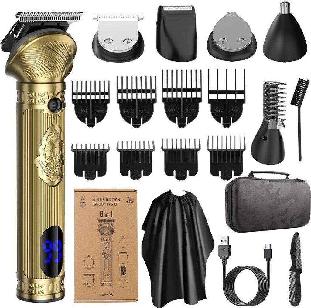 Goldener Haarschneider-Set mit Aufsätzen, Kappe, Tasche und Kabeln.