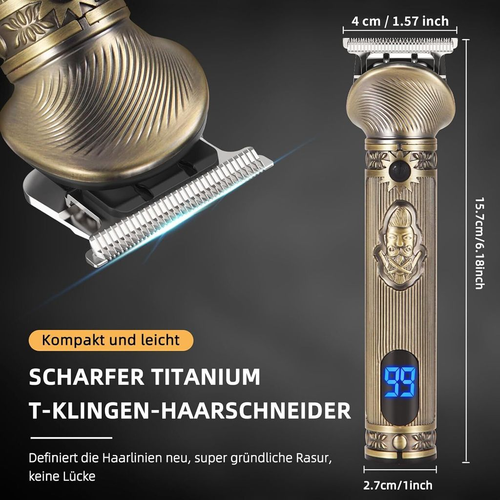 Bronzefarbener Haarschneider mit T-Klinge und Digitalanzeige.
