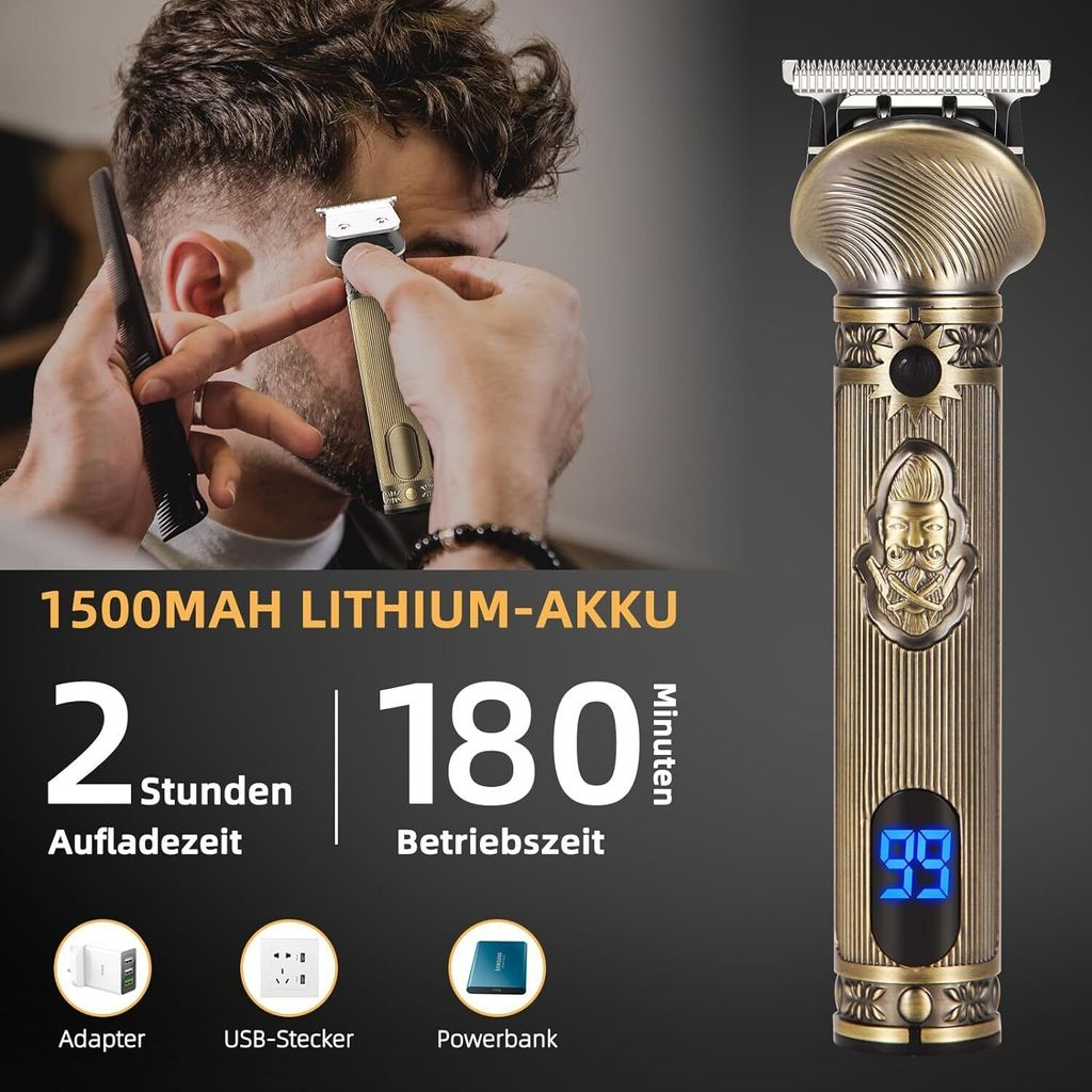 Eine goldene Haarschneidemaschine mit Bartmotiv und Digitalanzeige. Ladezeit 2h, Laufzeit 180min.