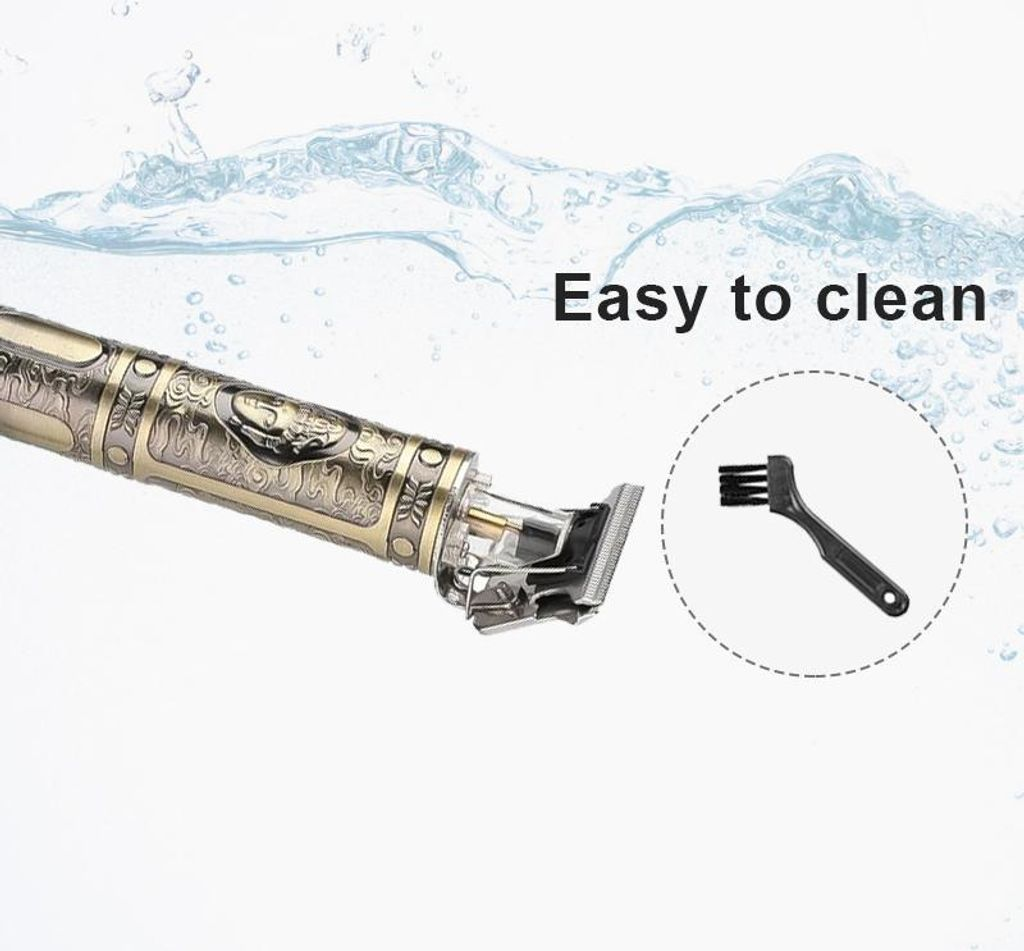 Ein Trimmer mit Bürste und Wasser im Hintergrund. Leicht zu reinigen.