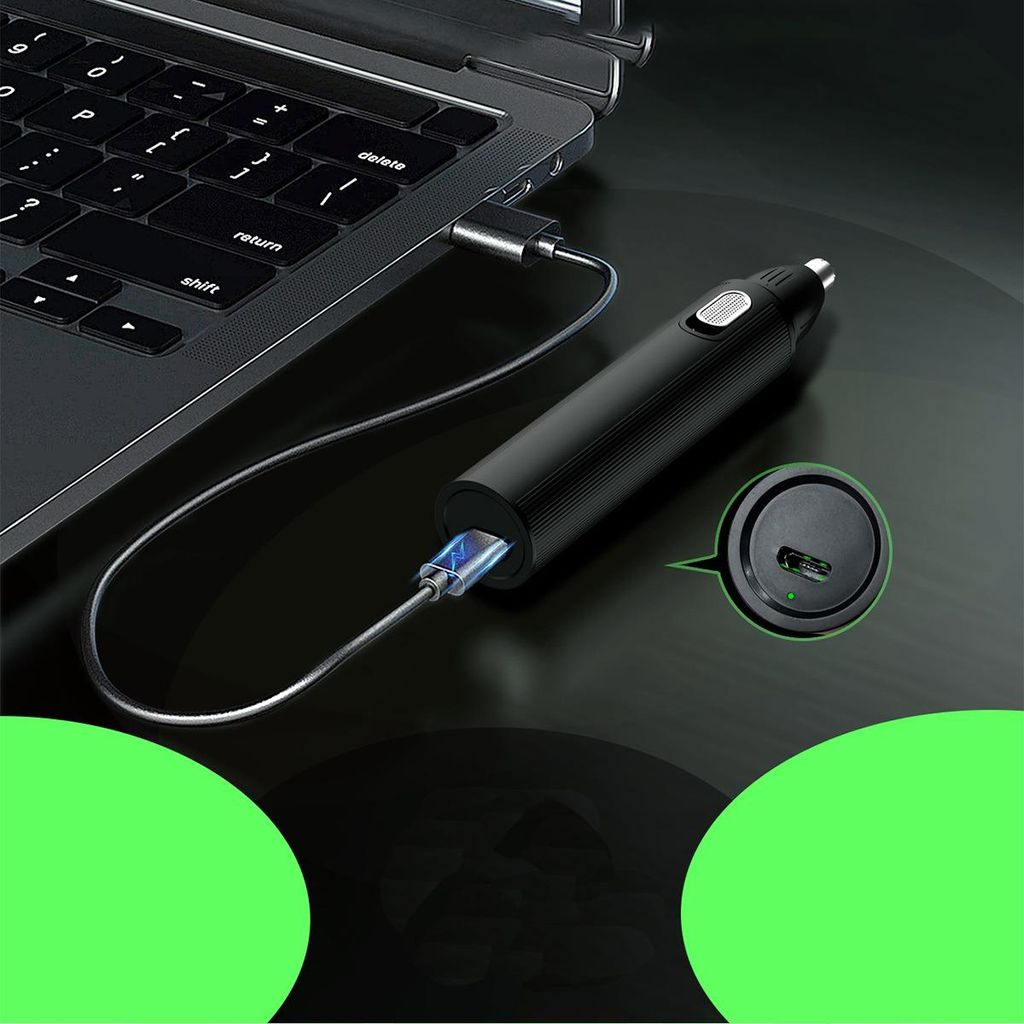Schwarzer Nasentrimmer wird über USB-C an einen Laptop angeschlossen.