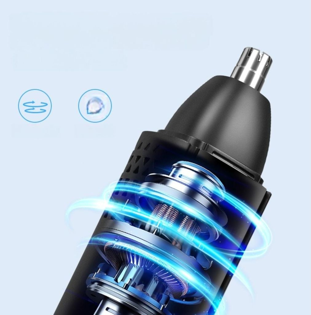 Nahaufnahme eines schwarzen Nasenhaartrimmers mit Motor und blauen Lichteffekten.
