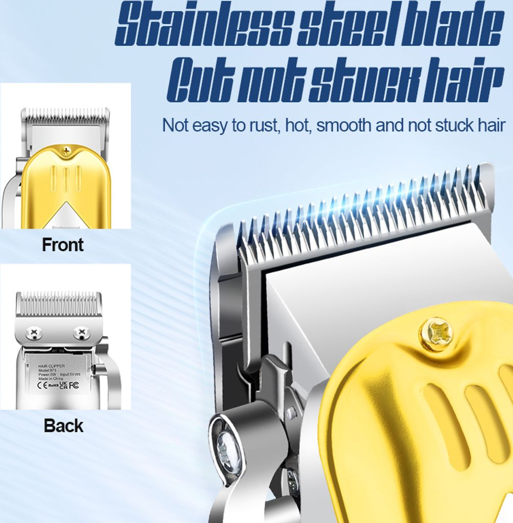 Nahaufnahme eines goldfarbenen Haarschneiders mit silberner Klinge und Details.