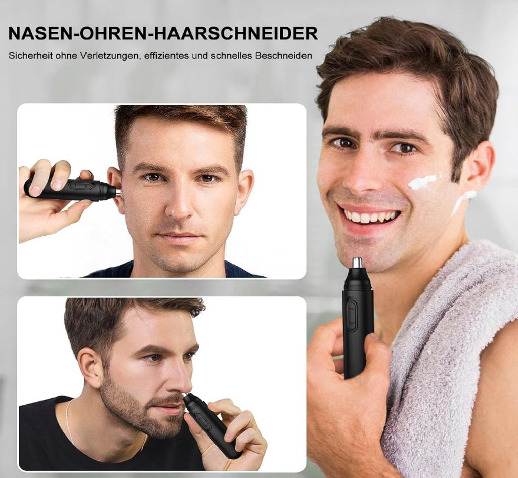 Mann benutzt schwarzen Nasen-/Ohrentrimmer. Nahaufnahmen zeigen Anwendung.