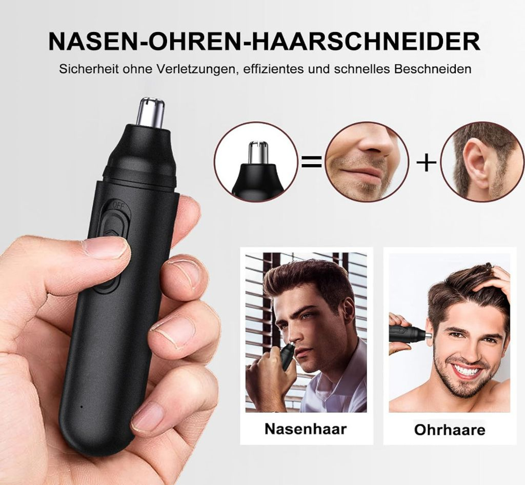Ein schwarzer Nasenhaartrimmer in einer Hand, daneben ein Diagramm.