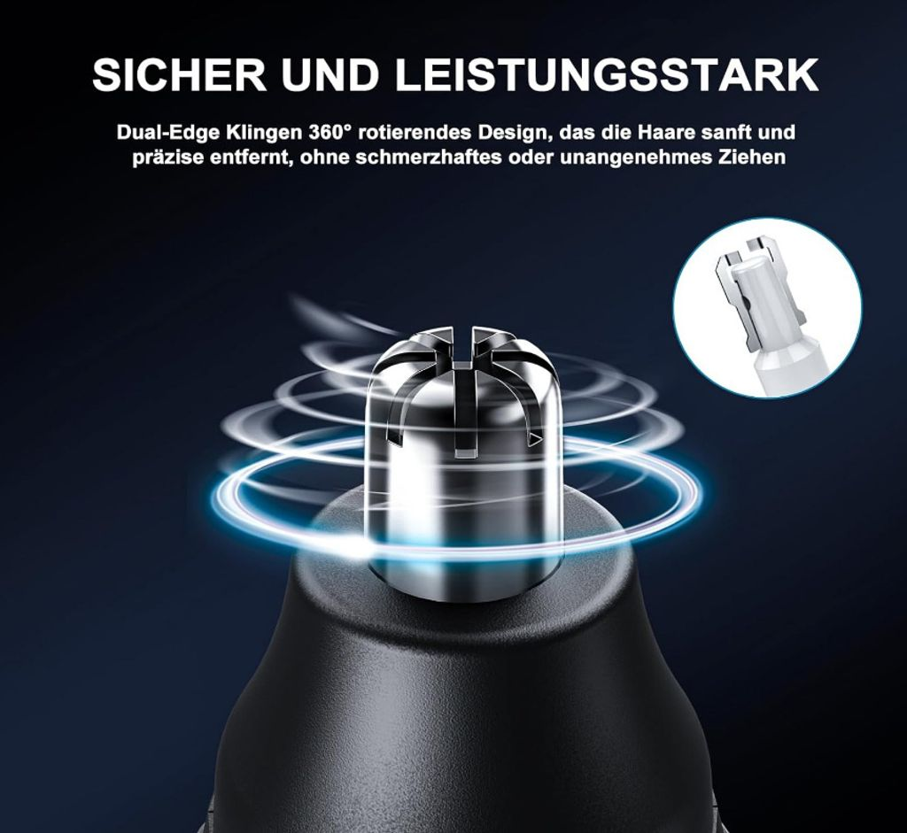 Nahaufnahme eines silbernen Nasentrimmers mit wirbelnden blauen Lichtern.