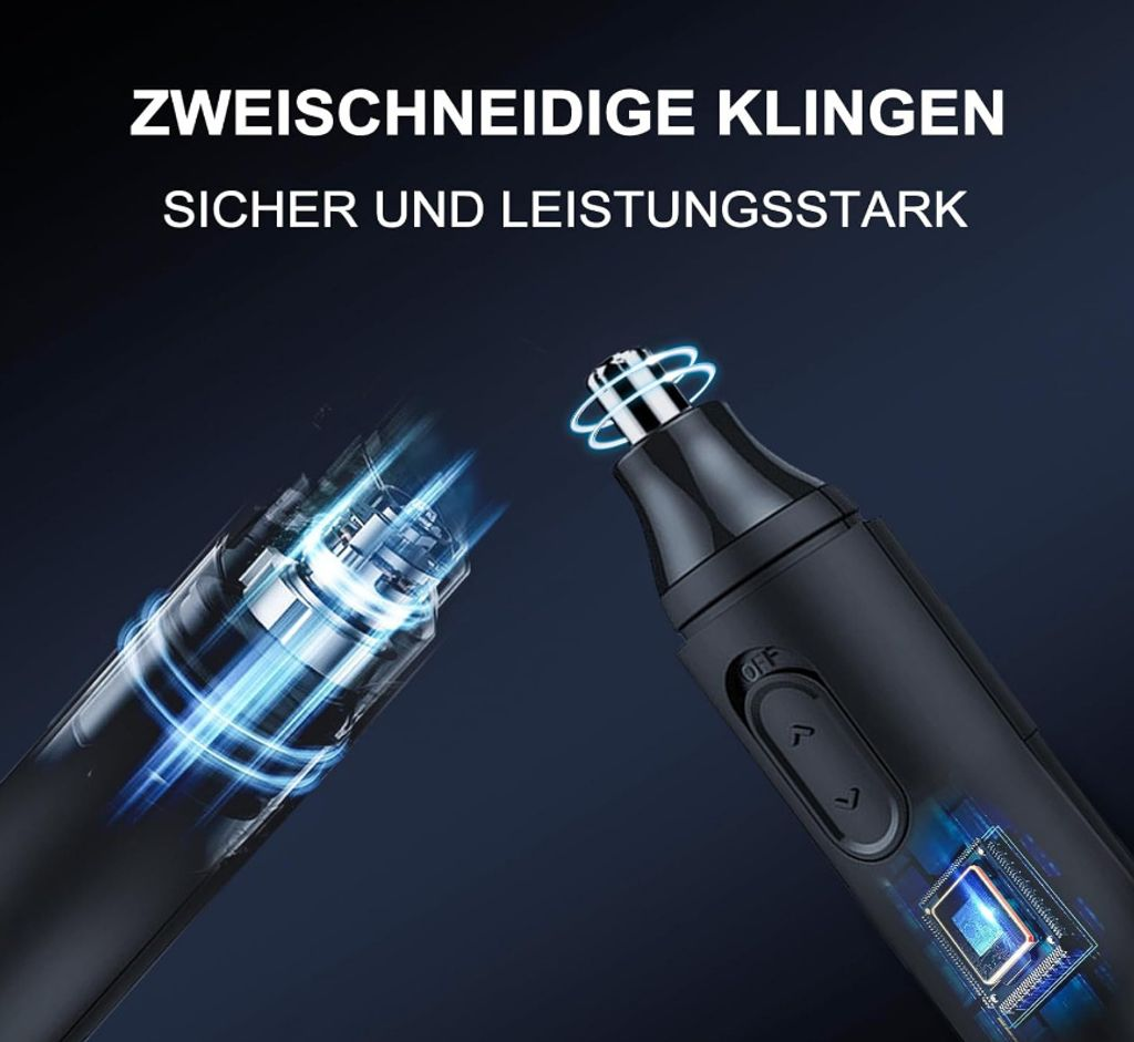 Zwei schwarze Trimmer, einer mit blauen Lichteffekten, der andere mit Ein/Aus-Schalter.